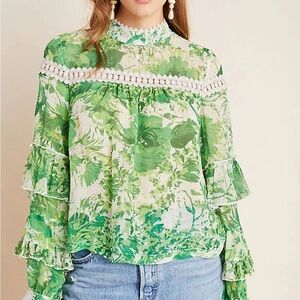 Anthropologie Tracy Reese, green floral top size 6